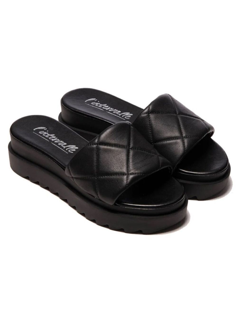 New In Box L’Intervalle Carmella Black Leather Platform Quilted Slide Sandals 39